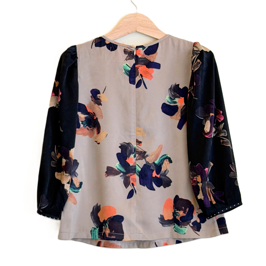 【B-25LS】ベージュ×黒花ブラウス